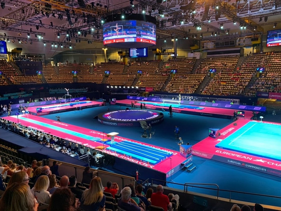 Halle der European Championships 2022 in München mit Turngeräten und Publikum