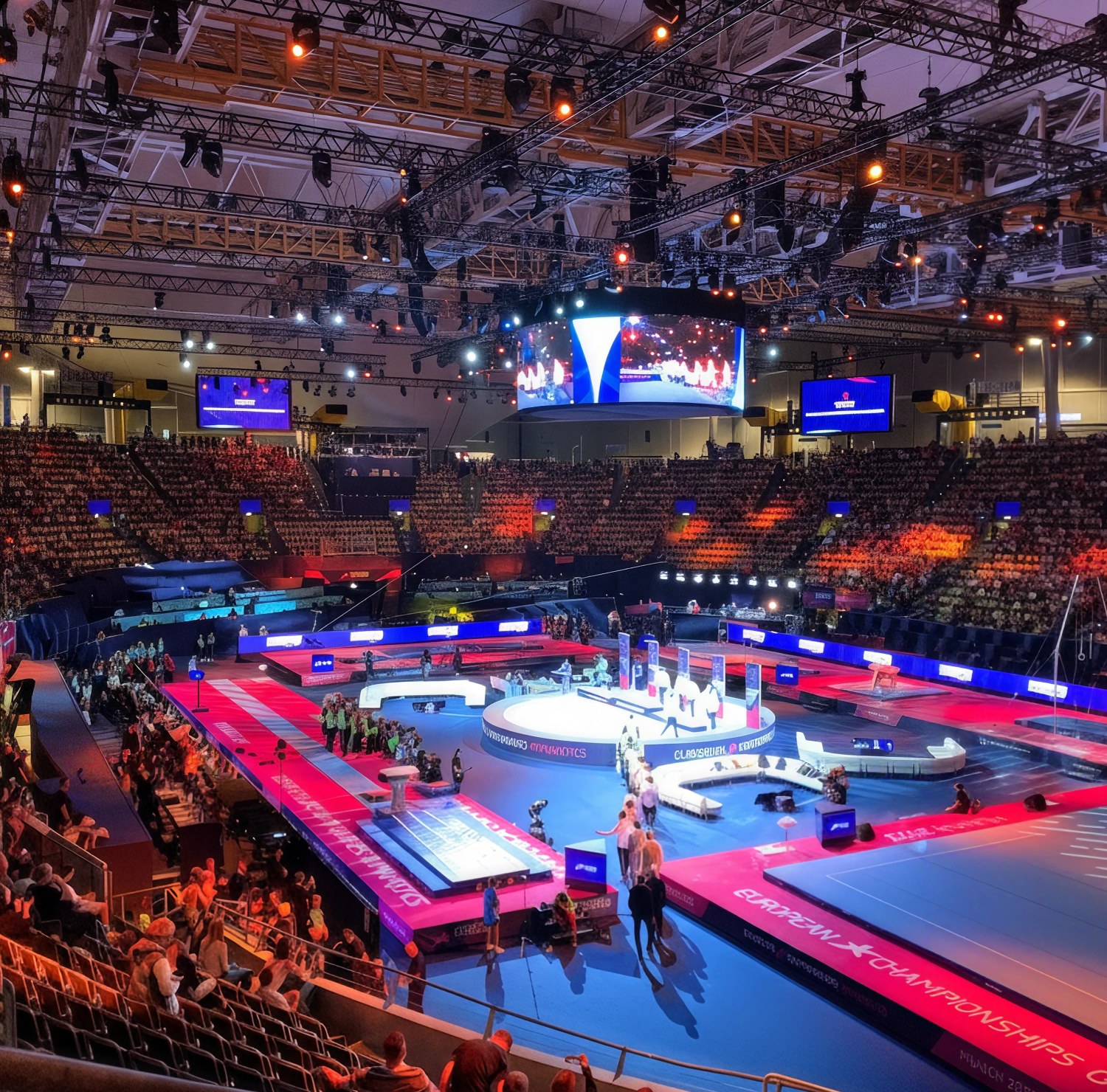 Halle der European Championships Munich 2022 mit Turnfläche, Lichttechnik und Publikum
